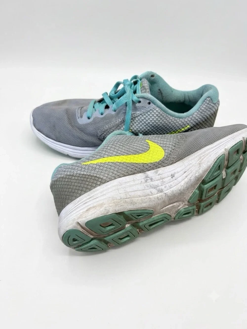 Nike Grey Mesh Sneakers with Teal Laces and Neon Yellow Swoosh